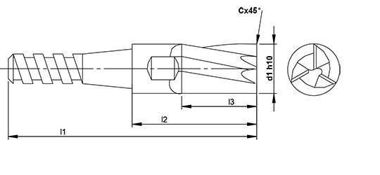 3 Flute Replaceable Head Chamfer Endmill  schematic drawing