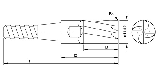 4 Flute Replaceable Head Radius Endmill schematic drawing