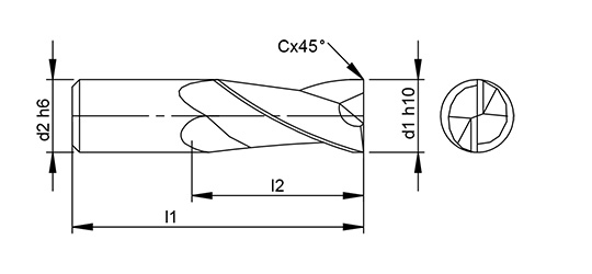  Aluminium 2 Flute Chamfer Slotdrill schematic drawing