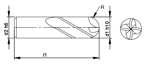 UHP 4 Flute Ball Nose Endmill schematic drawing