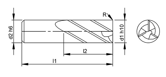 Universal 3 Flute Radius Endmill  schematic drawing